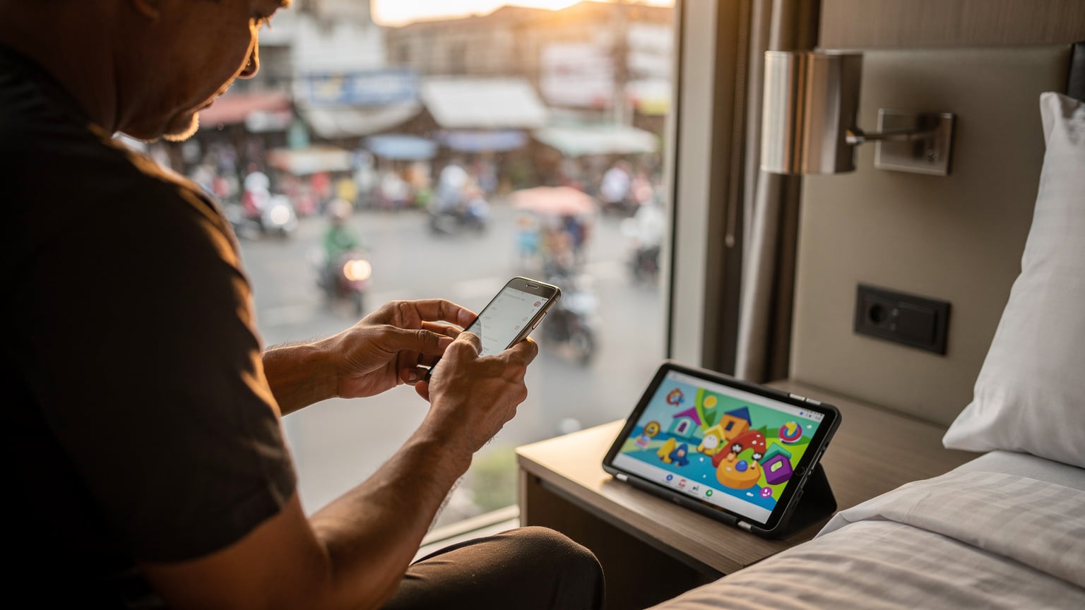 A parent is using their phone to set up screen time limits for a child's tablet, which is lying open on a bedside table in a hotel room in Jakarta, with an Indonesian street visible outside the window.