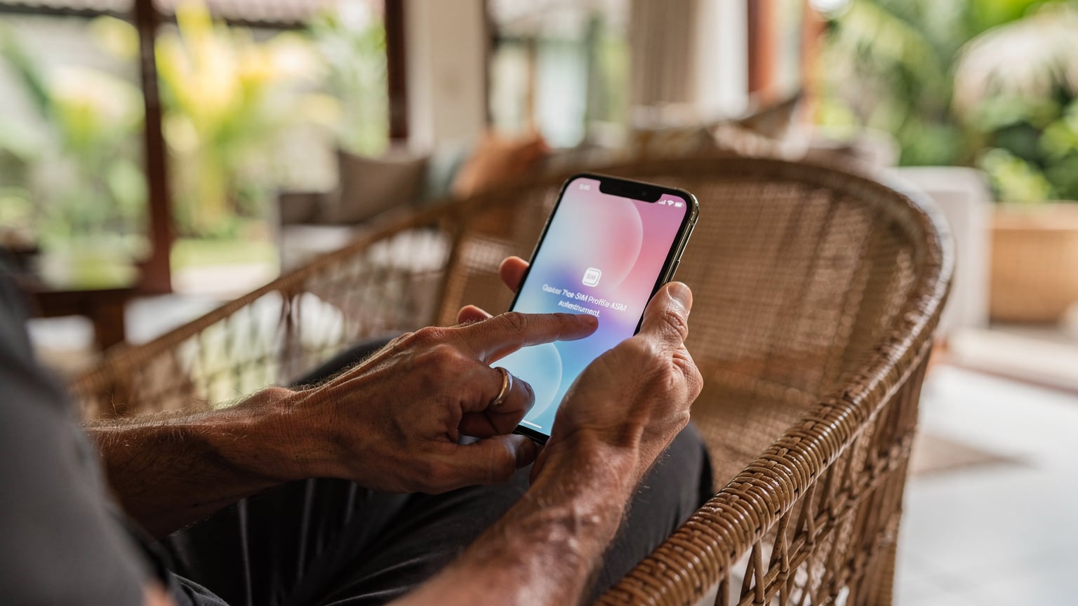 A close-up of a parent's hands, mid-40s, holding an iPhone and pointing to the screen, showing the cellular settings menu with an eSIM profile being added, while seated on a rattan chair in a Balinese villa.