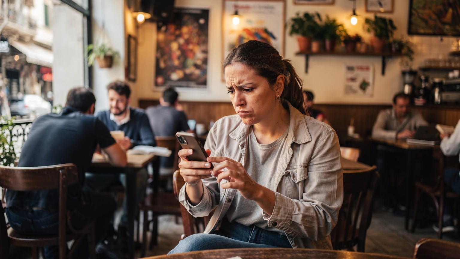 A traveler in an Athens coffee shop looking at their phone with a slightly confused expression, trying to connect to Wi-Fi. Locals are visible in the background, engrossed in their own conversations.