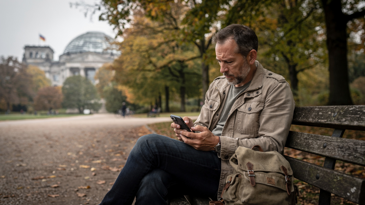 Ein Reisender sitzt auf einer Parkbank im Berliner Tiergarten, mit dem Reichstagsgebäude im Hintergrund, und schaut besorgt auf sein iPhone 11, das eine "Kein Dienst"-Meldung anzeigt.