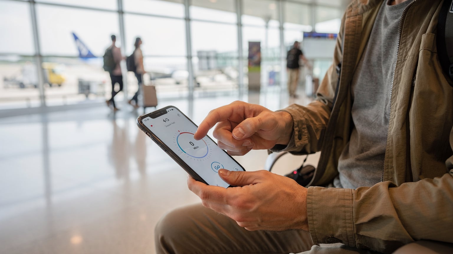 A traveler in a bustling airport terminal, specifically Changi Airport in Singapore, intently checking their phone. Their hand is hovering over the 'Go' button of a speed test app, ready to initiate a test.