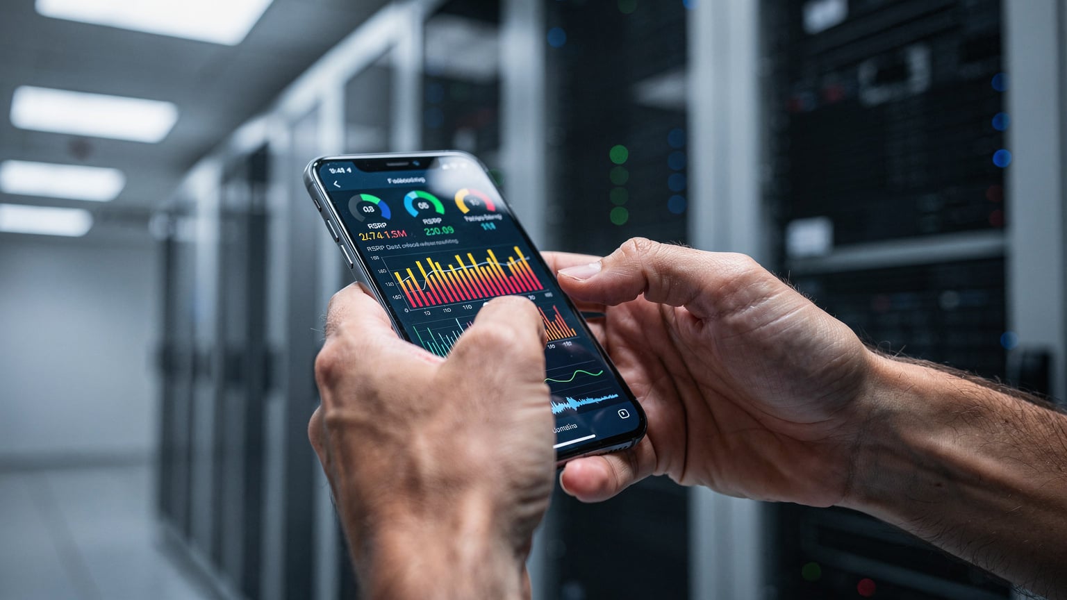 A close-up shot of hands holding a smartphone, with the screen displaying detailed network diagnostic information, possibly from a field test app or a speed test app's advanced view. The hands are those of a technical person, possibly in a server room or a similar setting, with subtle background elements hinting at network equipment.