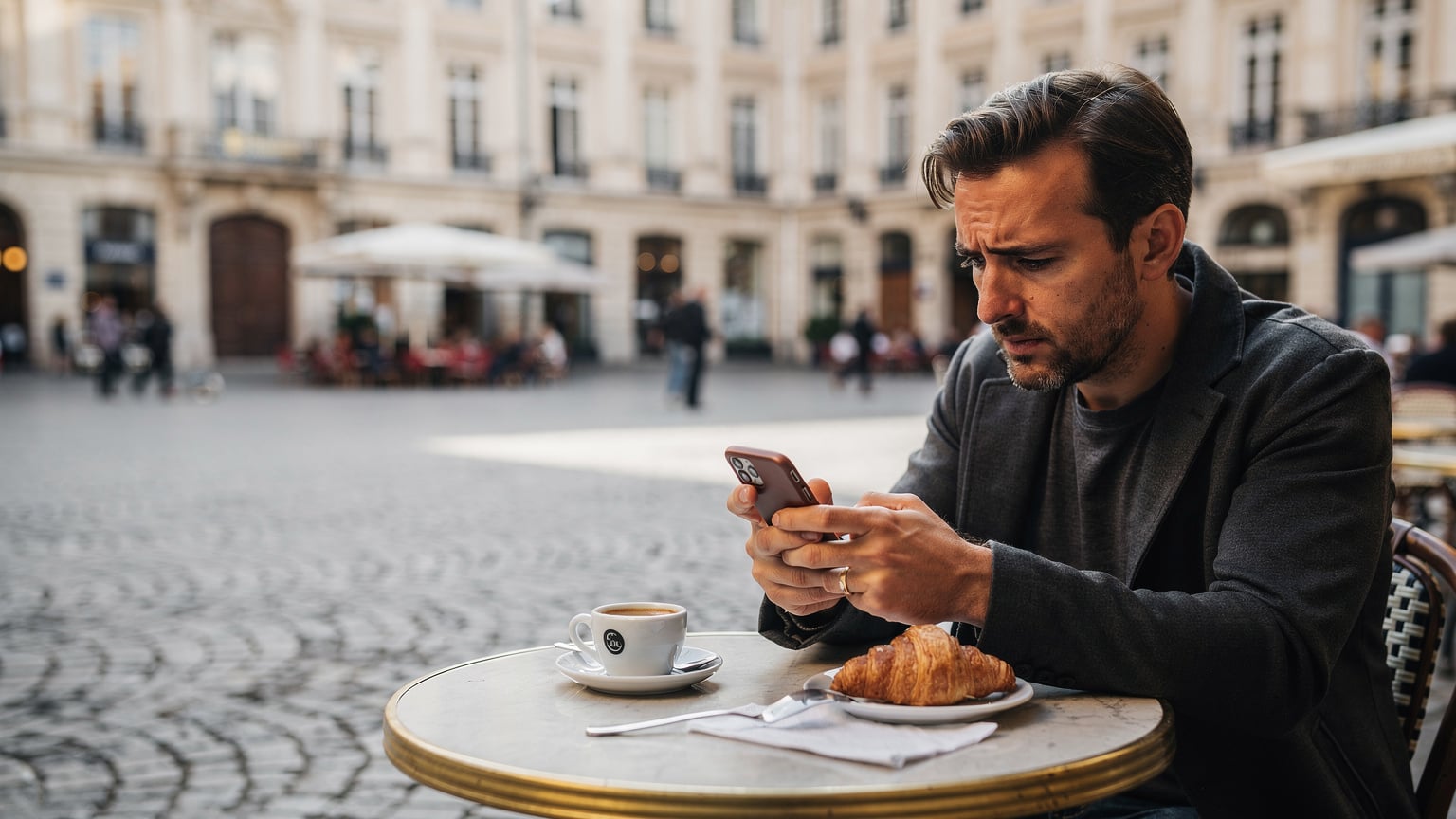 A person sitting at a cafe table in a bustling European square, looking concernedly at their smartphone screen. A half-eaten pastry and a coffee cup are on the table. The lighting is soft morning light, and the background shows the activity of the square.
