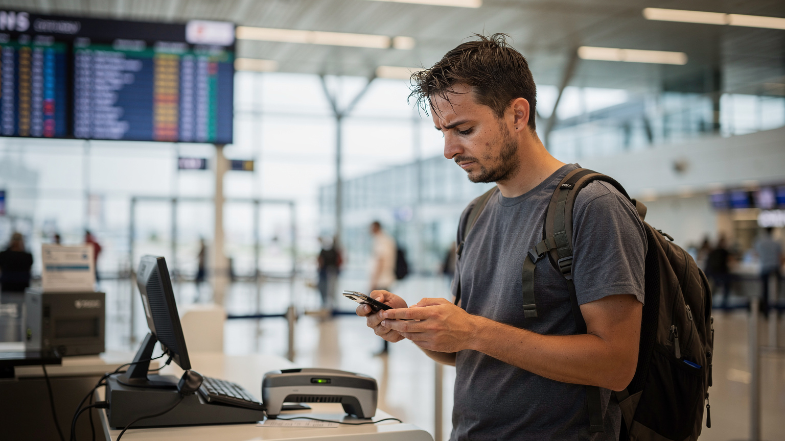 Ein Reisender steht an einem Check-in-Schalter am Flughafen Skopje, Nordmazedonien, und schaut besorgt auf sein Smartphone, während andere Passagiere im Hintergrund vorbeigehen.