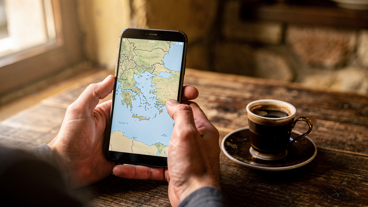 Eine Nahaufnahme zeigt Hände, die ein Smartphone halten, mit einer Karte von Südosteuropa auf dem Bildschirm, während eine Tasse türkischer Kaffee auf dem Tisch steht.