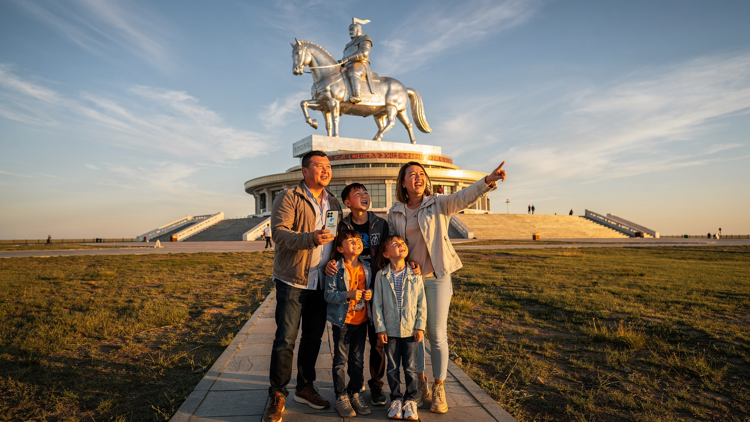 Family with smartphone at Genghis Khan statue in Mongolia, illustrating eSIM use for data while traveling.