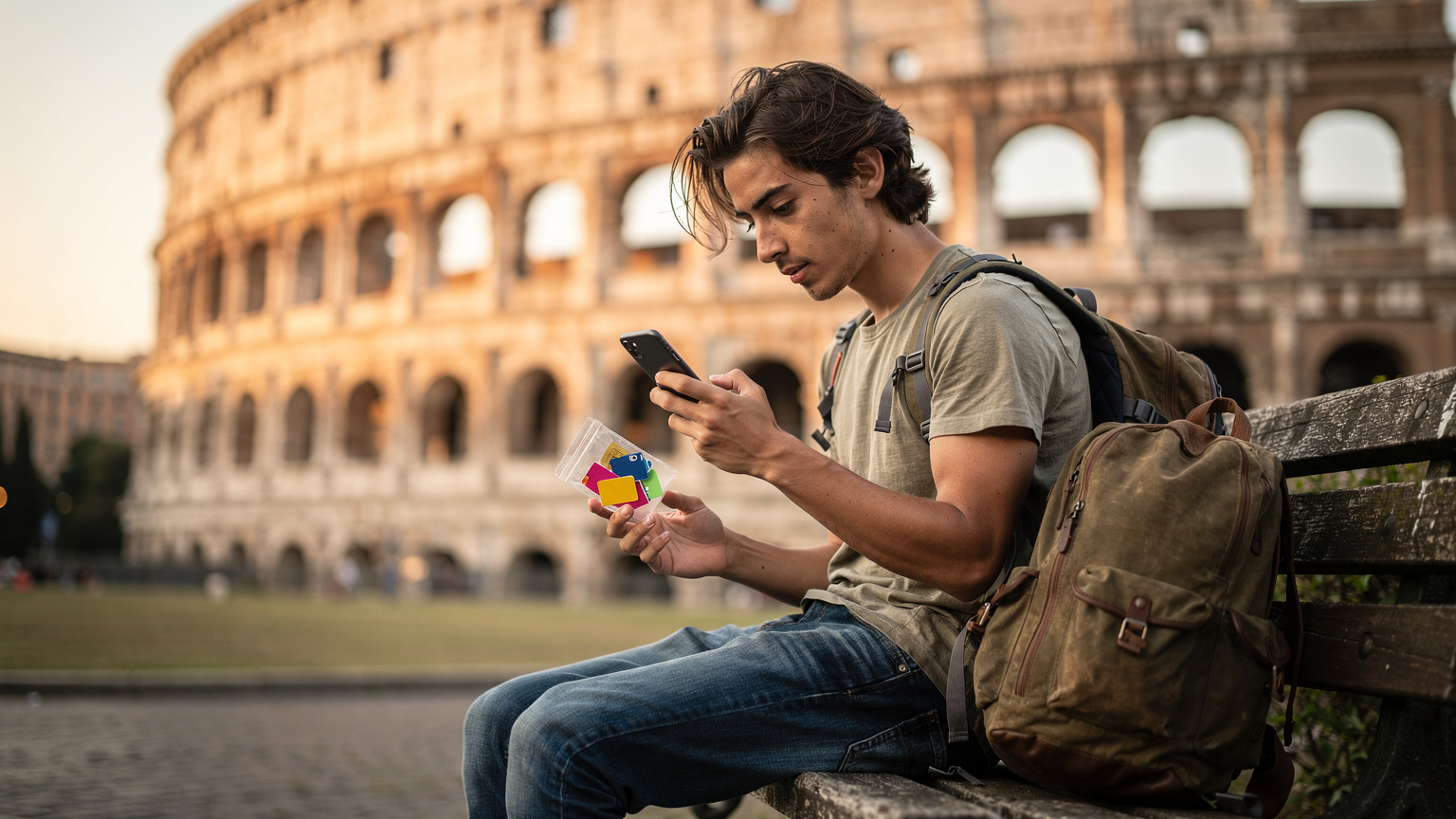 Backpacker in Rome, sorting SIM cards in front of the Colosseum, late afternoon light.