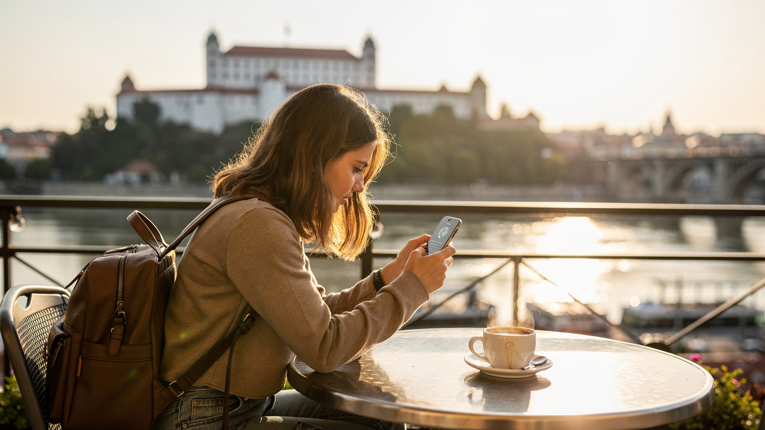 Woman using smartphone with Bratislava Castle view, highlighting seamless travel connectivity in Slovakia.