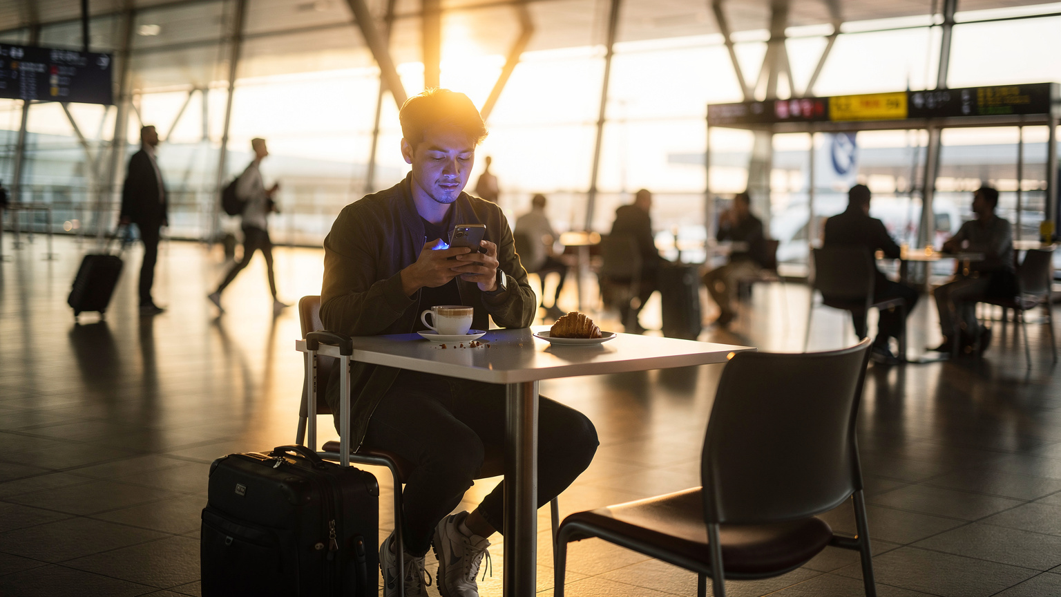Traveler checking smartphone at Tokyo Narita Airport cafe, illuminated by screen and late afternoon sun.