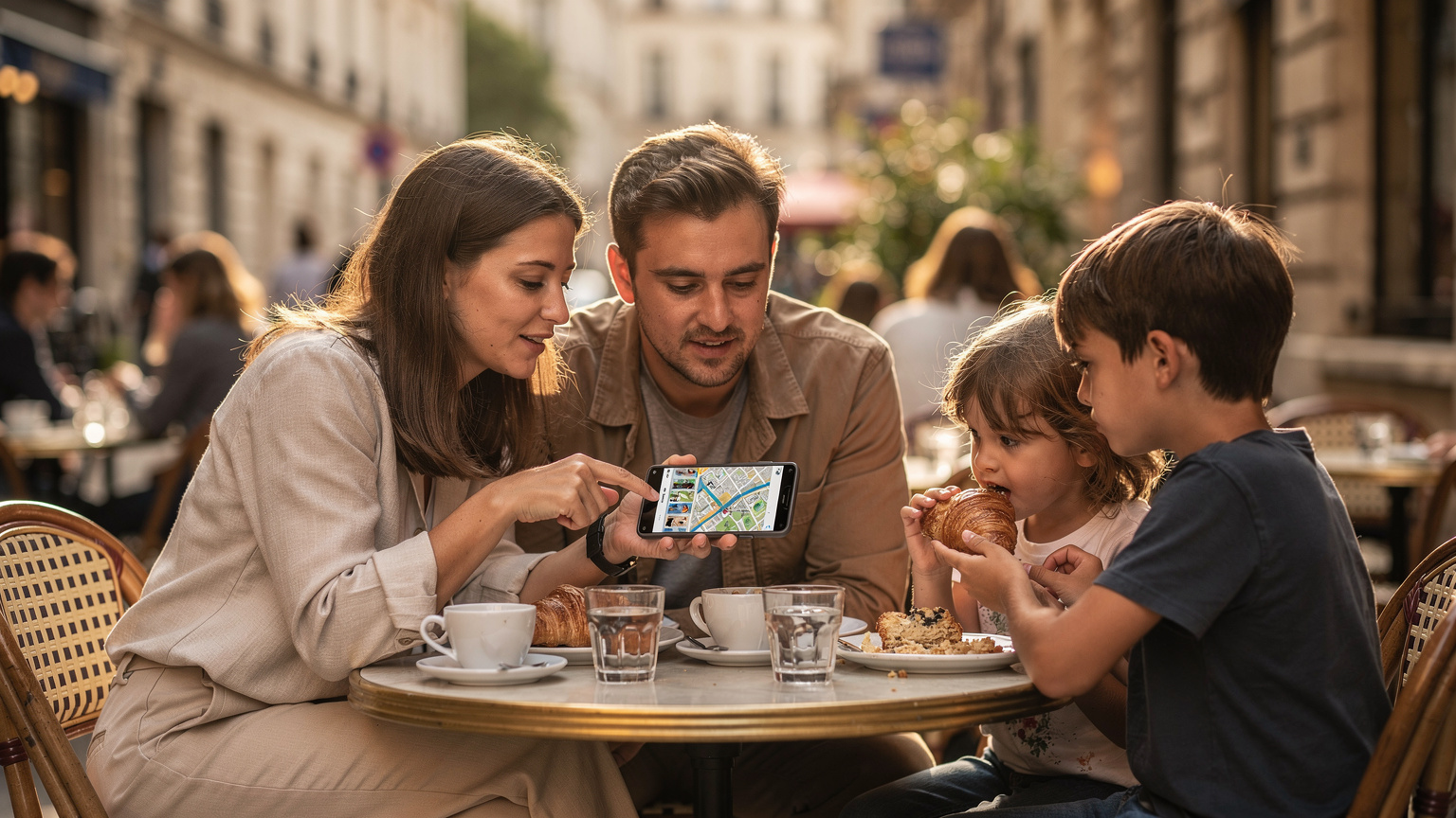 Family in Paris cafe, mother holding smartphone, discussing travel plans with children, natural light.