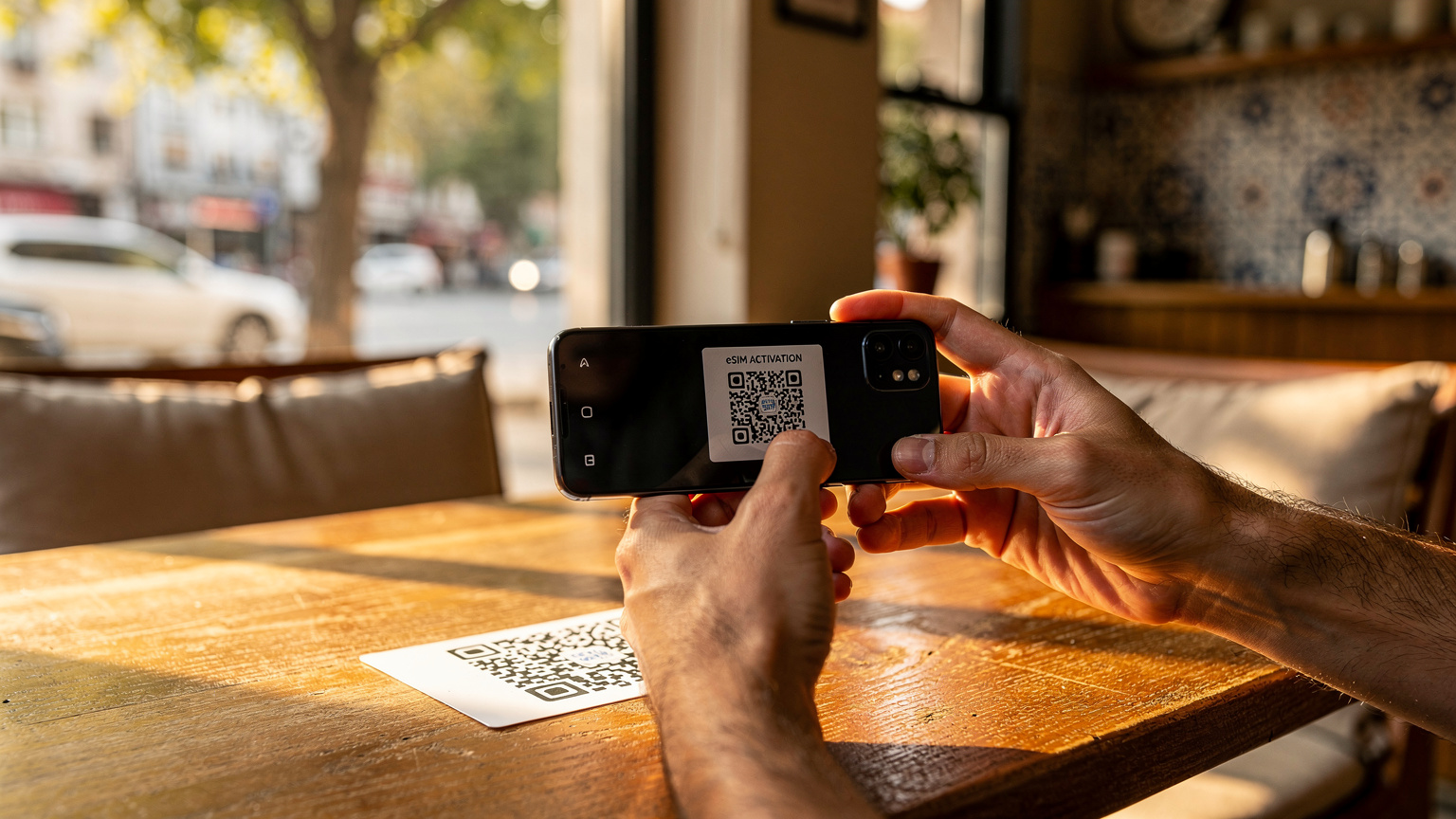 Sıcak bir kafenin penceresinden içeri süzülen sabah güneşinde, bir gezgin ahşap masada oturmuş, telefonunda eSIM QR kodunu tarıyor.