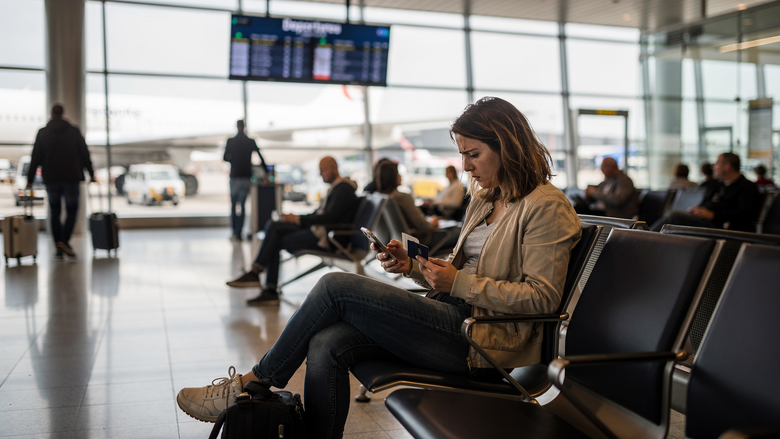 Yoğun bir havalimanı bekleme salonunda, bir kadın elinde akıllı telefonu ve pasaportuyla endişeli bir şekilde ekrana bakıyor, telefonunda internet bağlantısı sorunu yaşıyor.