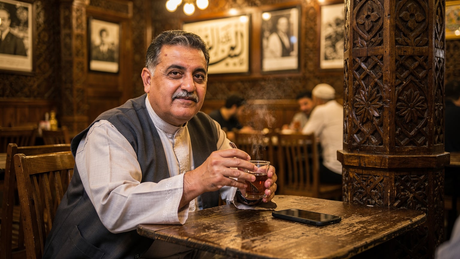 رجل يشرب الشاي في مقهى تراثي ببغداد، مع هاتف ذكي على الطاولة.