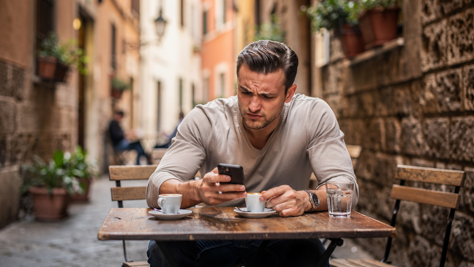 イタリアのローマ、歴史的な路地裏の小さなカフェで、30代の男性がスマートフォンを見ながら困った顔をしている様子。