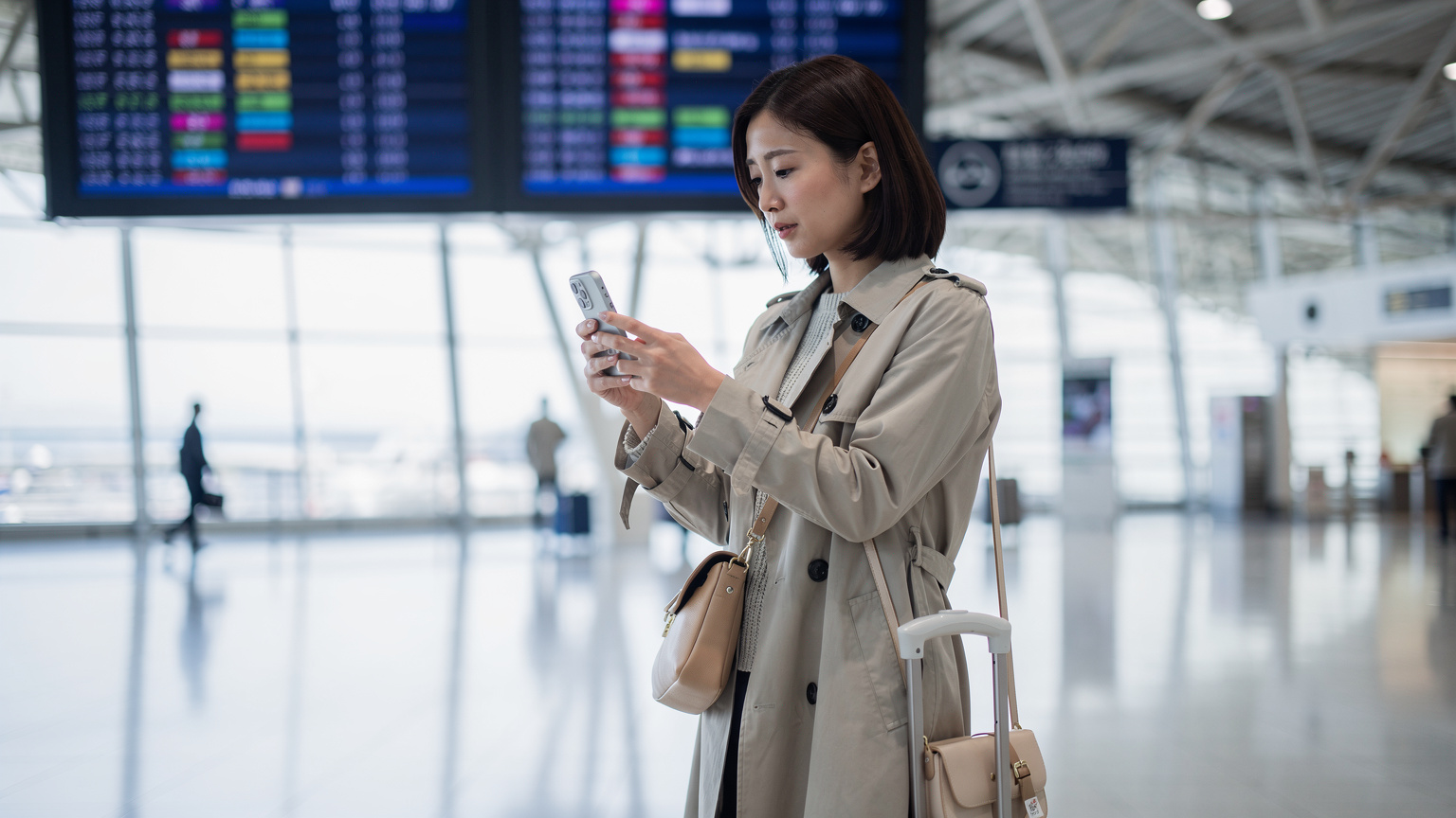 羽田空港の国際線ターミナルで、搭乗ゲートの表示を見上げながら、30代の女性がiPhoneでeSIMのQRコードをスキャンしている様子。