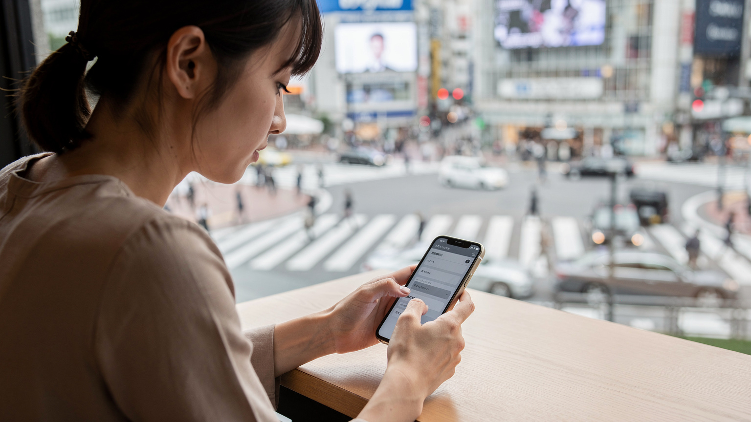 東京都渋谷区、スクランブル交差点を見下ろすカフェの窓際で、20代の女性がスマートフォンを操作し、eSIMの設定画面を真剣に見ている様子。