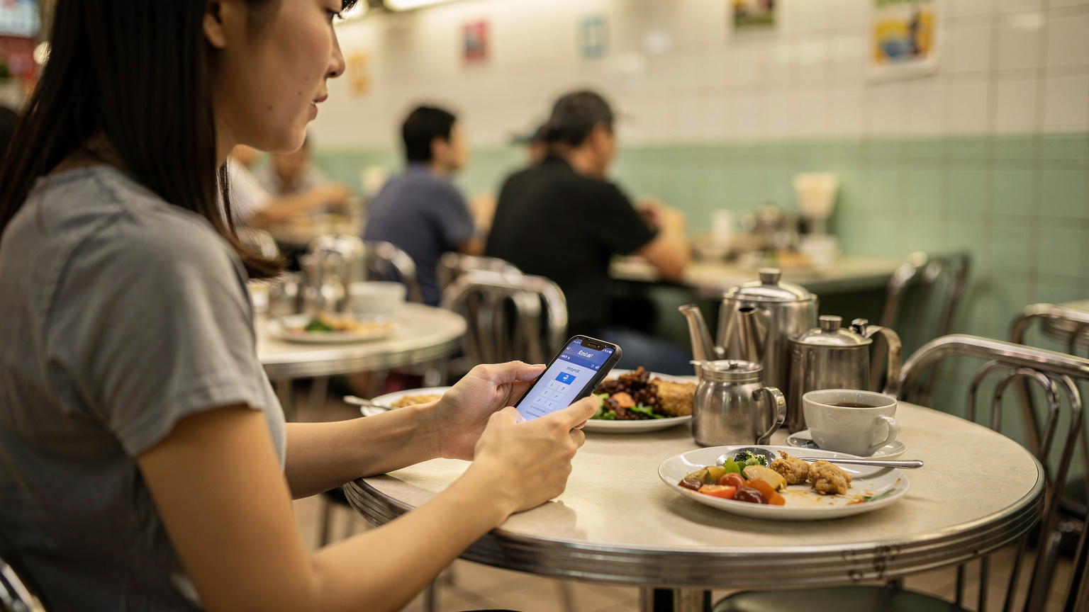 一位旅客在香港一家茶餐廳用餐，她的手機屏幕上顯示著支付寶的支付界面，周圍是繁忙的用餐環境和傳統港式裝潢。