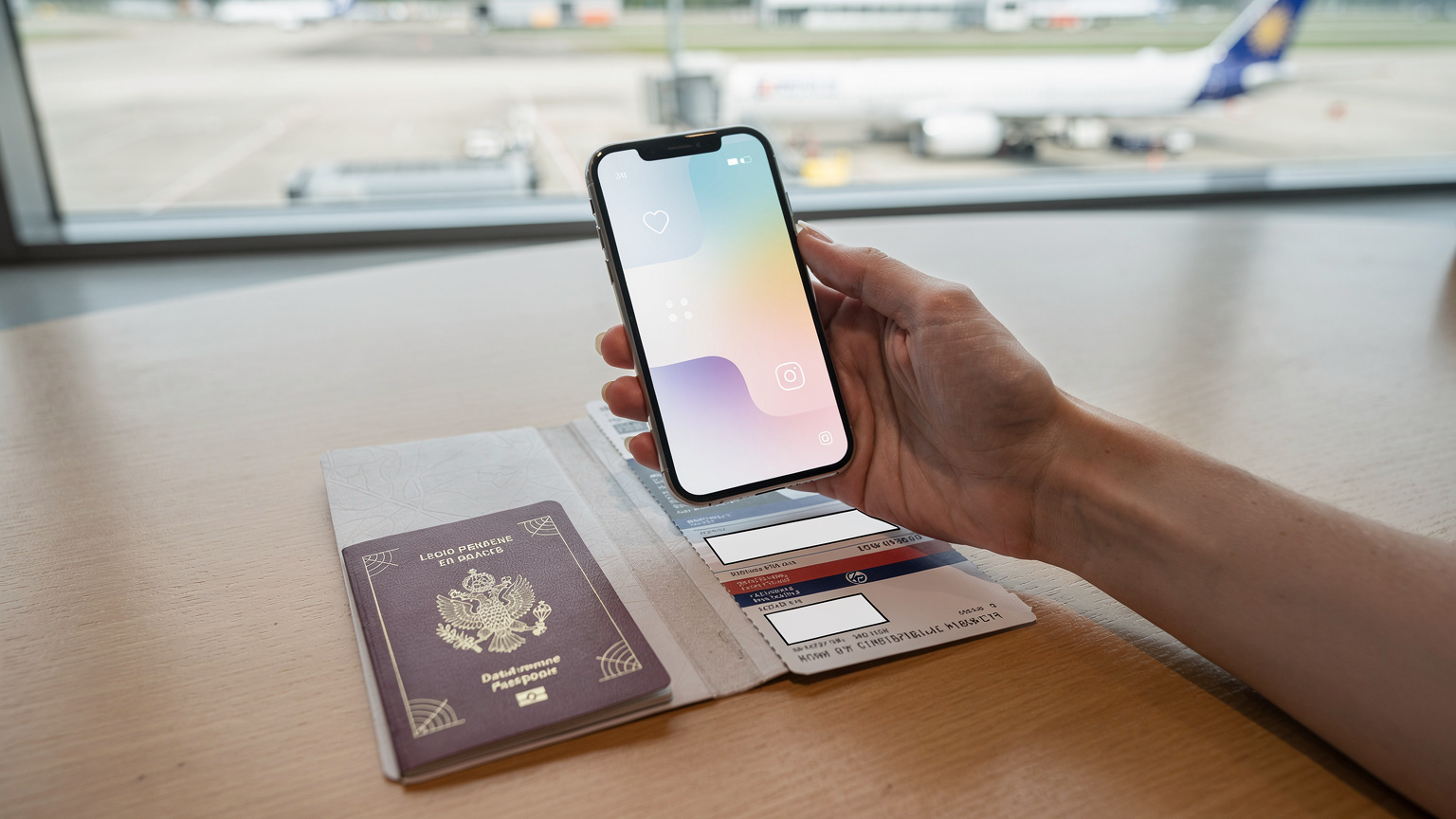 Une main féminine tenant un smartphone avec l'application Cellesim ouverte, superposée sur un passeport et une carte d'embarquement, posés sur une table d'aéroport en bois clair, avec un avion en arrière-plan à travers une fenêtre. Le tout est sous une lumière naturelle et douce.