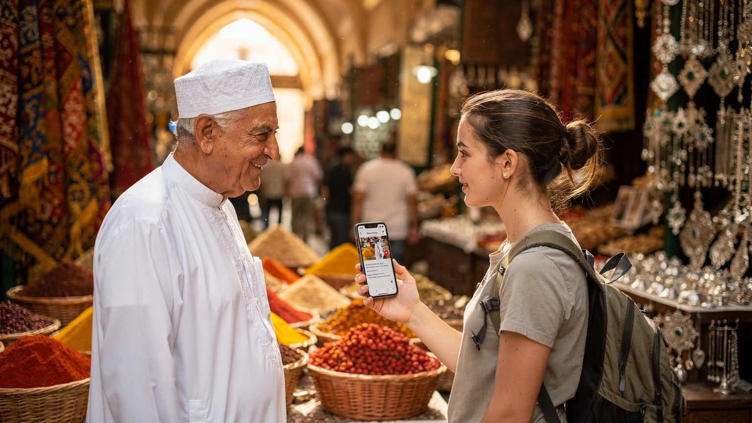 Un homme local âgé souriant s'engage dans une conversation avec une voyageuse à l'aide de Google Traduction sur son smartphone, au milieu d'un marché traditionnel animé d'Oman, avec des paniers d'épices et des tissus colorés.