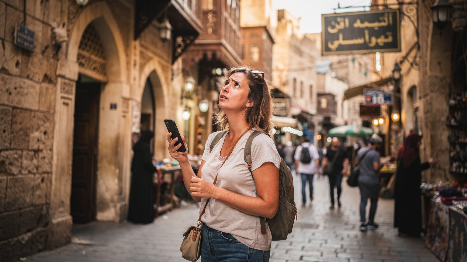 Une voyageuse frustrée, smartphone à la main, regarde avec confusion un panneau de rue en arabe dans une rue animée du vieux Caire, les bâtiments historiques en arrière-plan, sous un soleil de fin d'après-midi.