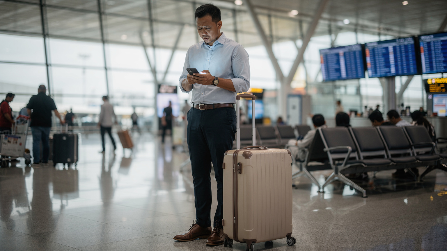 Seorang pria berjas rapi, tampak cemas, sedang melihat layar ponselnya di area keberangkatan Terminal 3 Bandara Internasional Soekarno-Hatta yang ramai, dengan koper di sampingnya, menunjukkan masalah konektivitas saat bepergian.