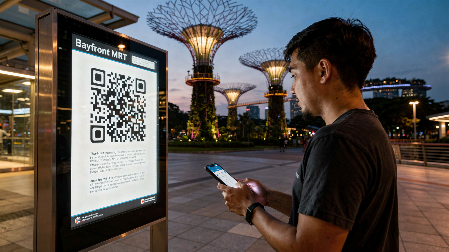 Seorang turis Asia Tenggara sedang memegang ponselnya dan memindai kode QR dari sebuah papan informasi di dekat stasiun MRT Bayfront di Singapura, dengan latar belakang Supertree Grove yang ikonik di Gardens by the Bay saat senja.