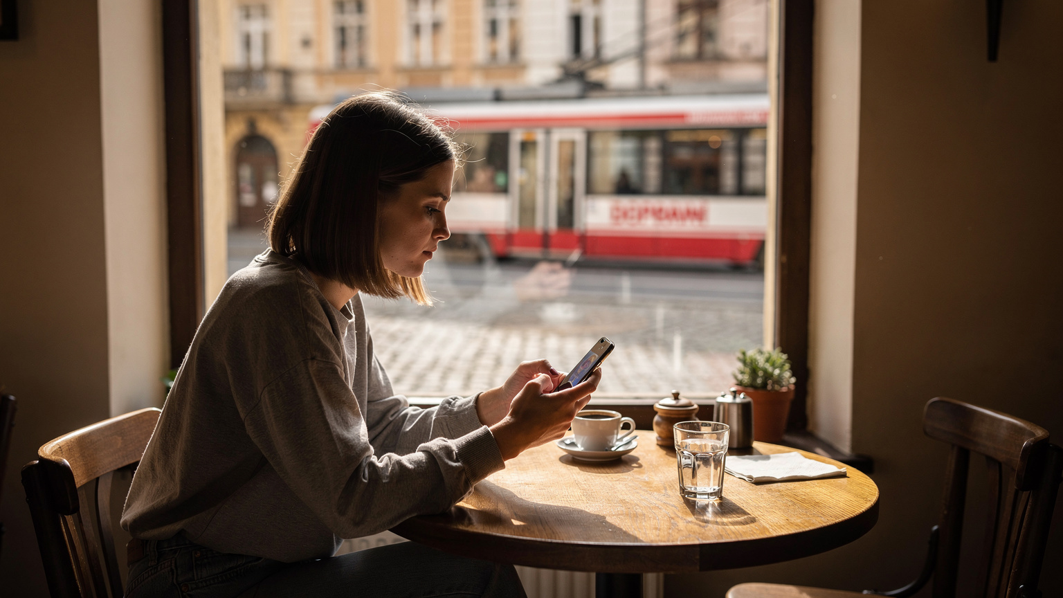 Cestovatelka v útulné kavárně v Praze, s telefonem v ruce, aktivuje novou eSIM službu. Za ní je vidět typická pražská ulice s tramvajemi Dopravního podniku hlavního města Prahy.