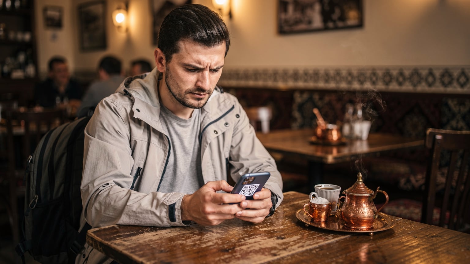 Ein Reisender schaut auf sein Smartphone mit einem eSIM-QR-Code auf dem Bildschirm, während er in einem Café in Sarajevo, Bosnien-Herzegowina, sitzt.