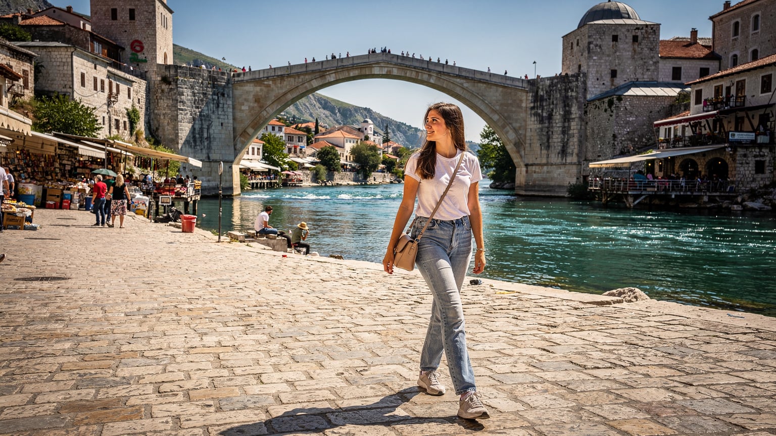 Eine junge Frau überquert zu Fuß eine belebte Straße in der Altstadt von Mostar, Bosnien-Herzegowina, mit der berühmten Stari Most Brücke im Hintergrund.