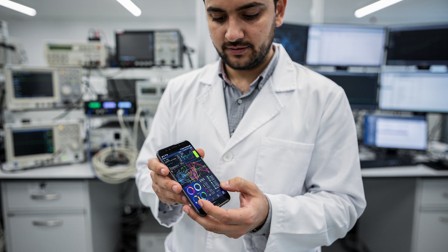 Ankara'daki bir teknoloji laboratuvarında, masadaki test ekipmanlarının yanında, elinde akıllı telefon tutan bir mühendis, ekrandaki ağ analizi verilerini inceliyor.