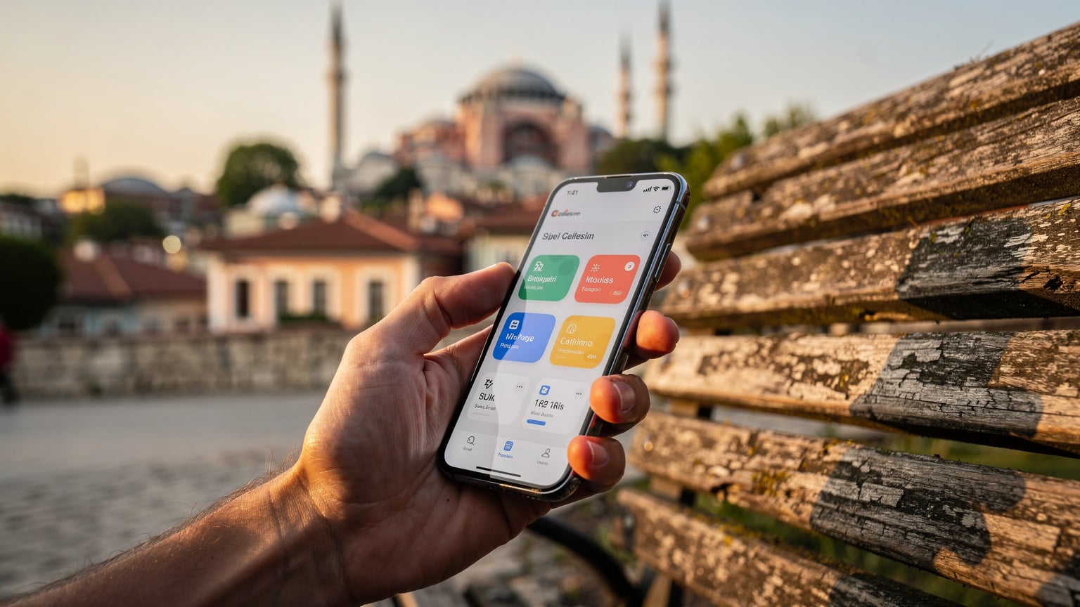 Ayasofya'nın minareleri ve tarihi evlerin oluşturduğu silüet önünde, bir bankta oturan birinin elinde, Cellesim uygulaması açık bir telefonun yakın çekimi. Uygulama arayüzünde mevcut veri paketi ve kullanım istatistikleri görünüyor.
