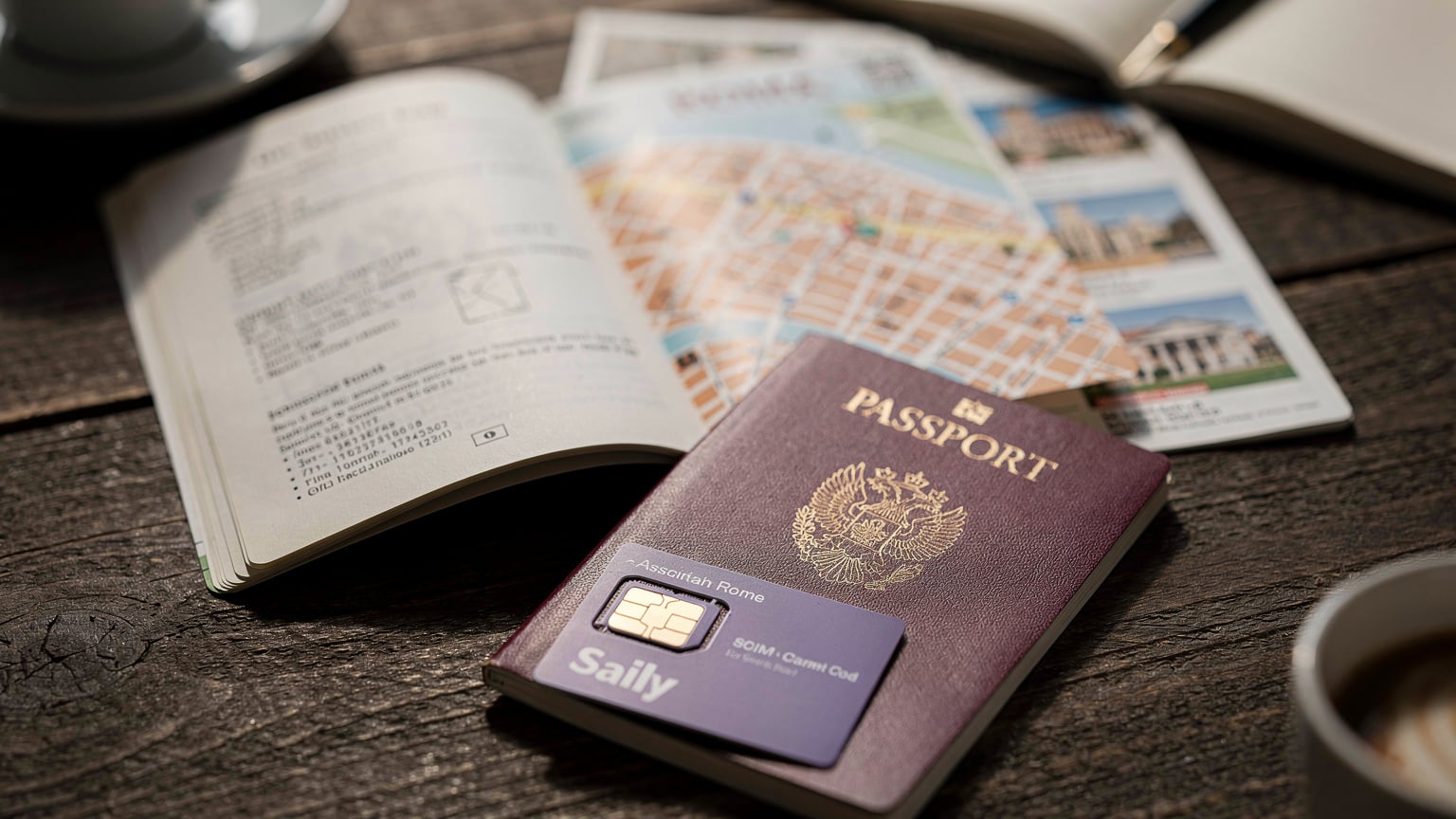 Un passaporto italiano aperto su un tavolo di legno scuro, con una eSIM Saily in primo piano e una mappa turistica sfocata di Roma sullo sfondo. La luce naturale illumina l'intera scena.