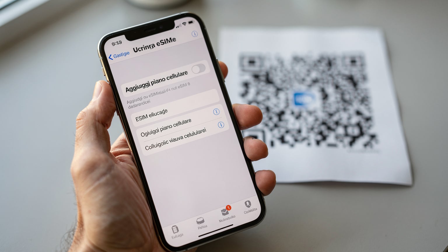 Un primo piano di un iPhone che mostra la schermata di impostazioni "Aggiungi piano cellulare" con un codice QR sfocato sullo sfondo, mentre una mano tiene il telefono in modo stabile.