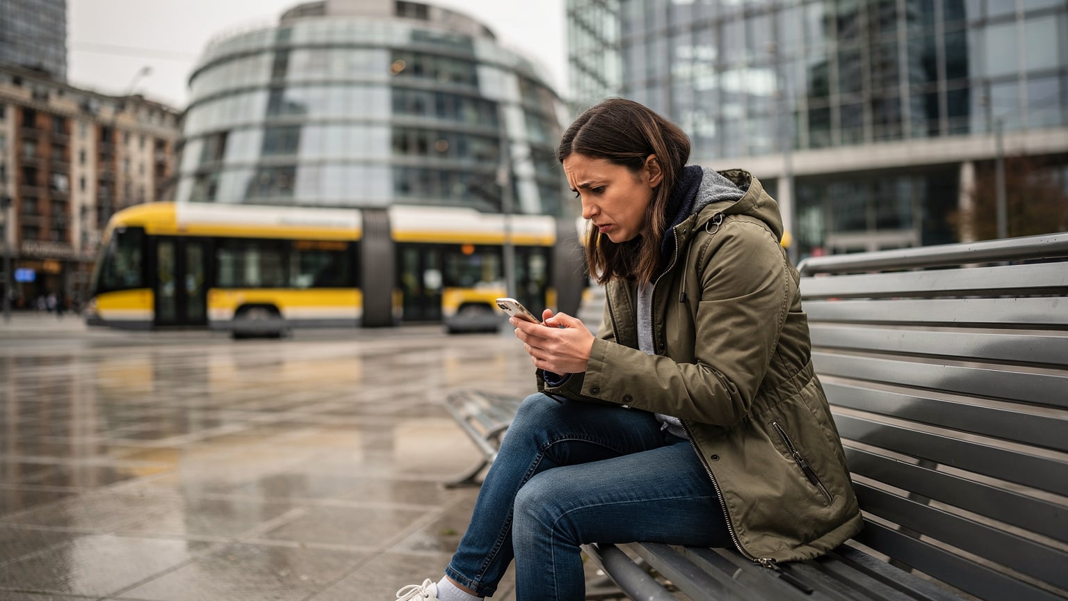 Una donna seduta su una panchina in Piazza Gae Aulenti, a Milano, con lo sguardo perso nello schermo del suo smartphone, l'espressione un po' frustrata mentre cerca di capire qualcosa. Un tram ATM passa sullo sfondo.