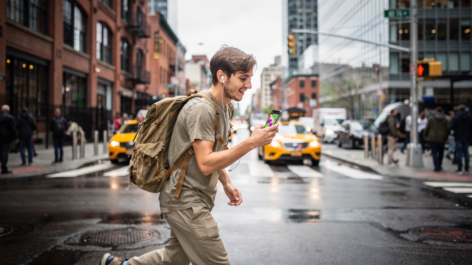 En reisende navigerer i et travelt gatemiljø i New York City, med fokus på telefonen for å finne veien.