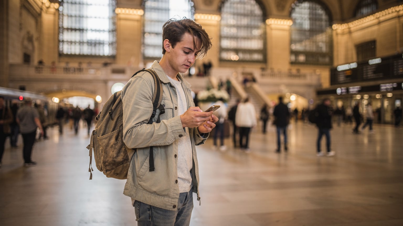 En reisende sjekker en reiseplan på en smarttelefon, med en togstasjon i bakgrunnen i et travelt metropolområde som New York.