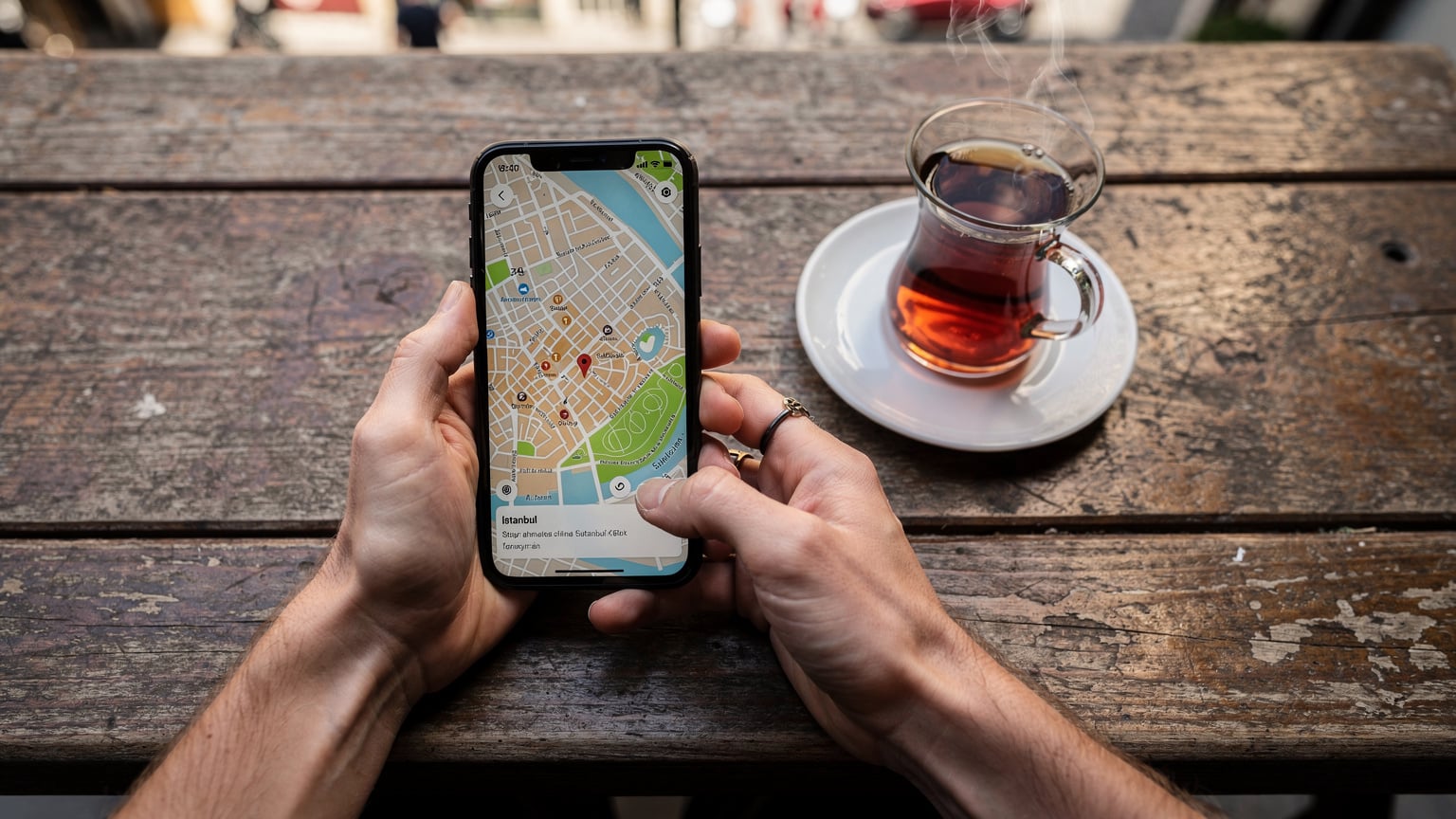 A close-up of a traveler's hands holding a smartphone, with a map of Istanbul displayed, planning routes over a Turkish tea in a traditional glass.