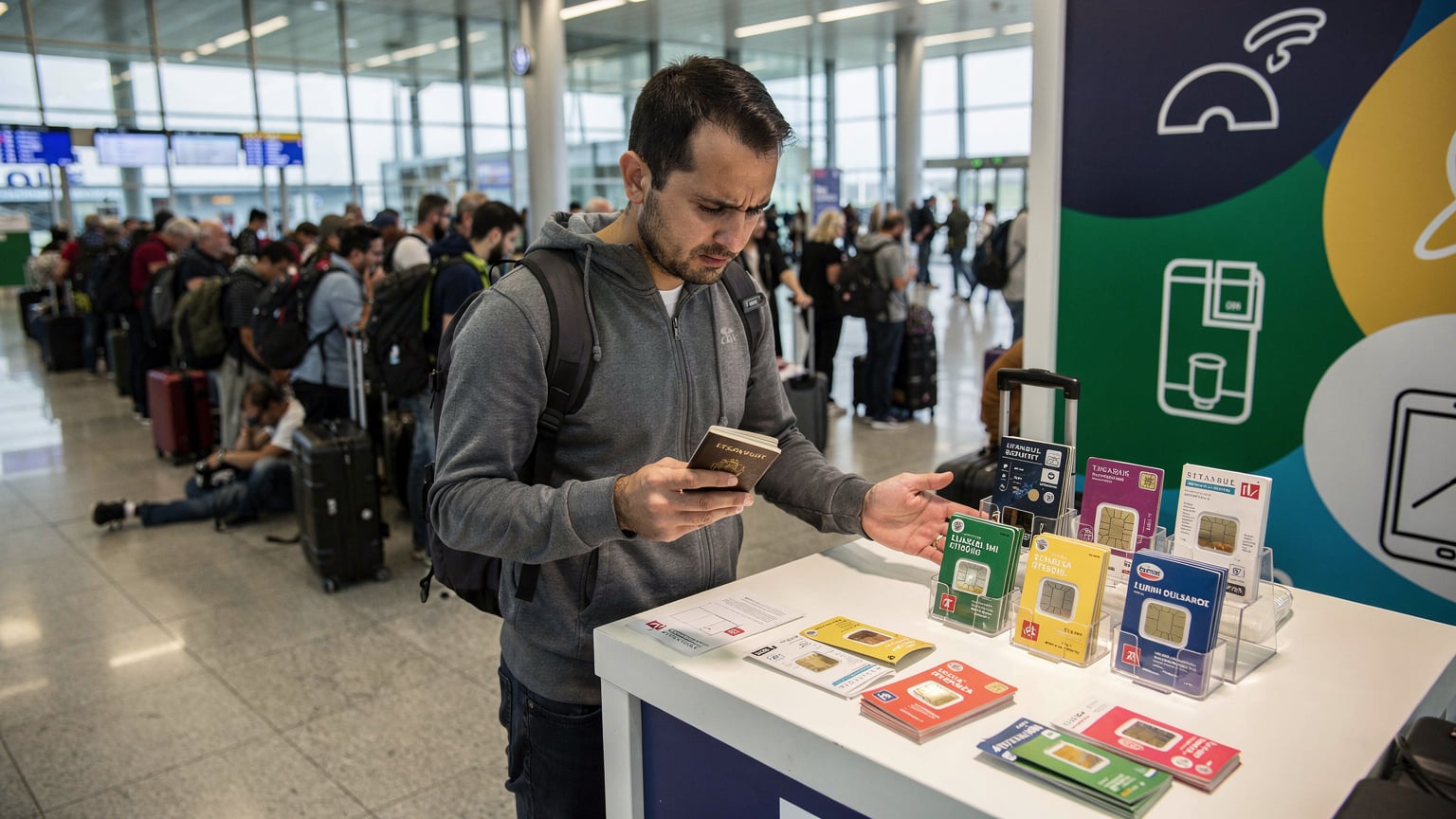 A frustrated traveler at an airport kiosk in Istanbul, looking confused at the local SIM card package information, with a long queue behind them.