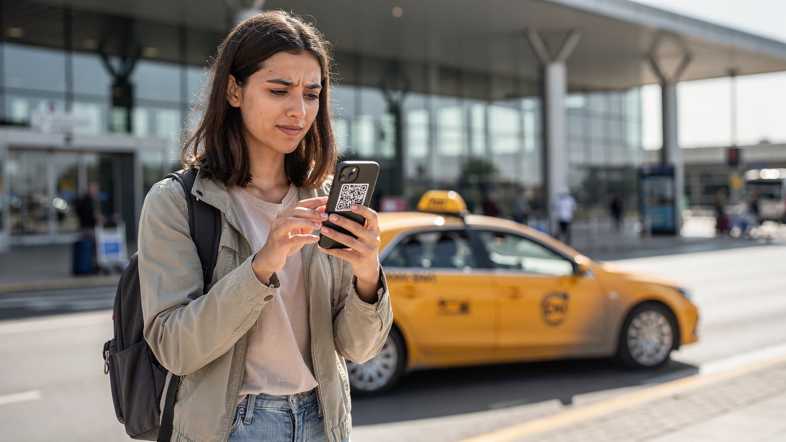 A traveler quickly scanning an eSIM QR code on their smartphone while waiting for a taxi outside Istanbul's Sabiha Gökçen Airport.