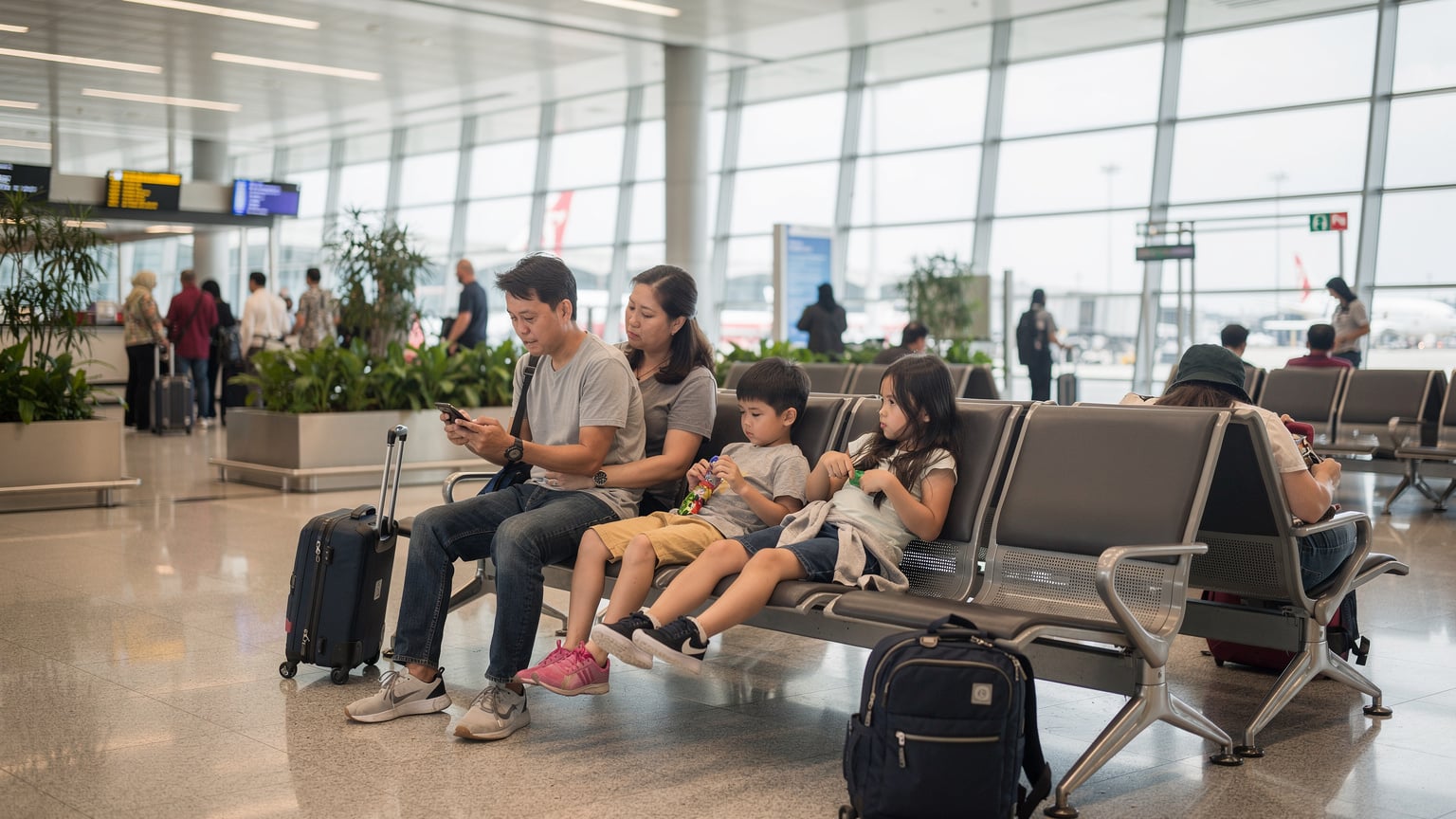 A busy family in a vibrant Asian airport terminal, waiting for their flight. One parent is engaged with their phone, while the children are seated, looking slightly bored.