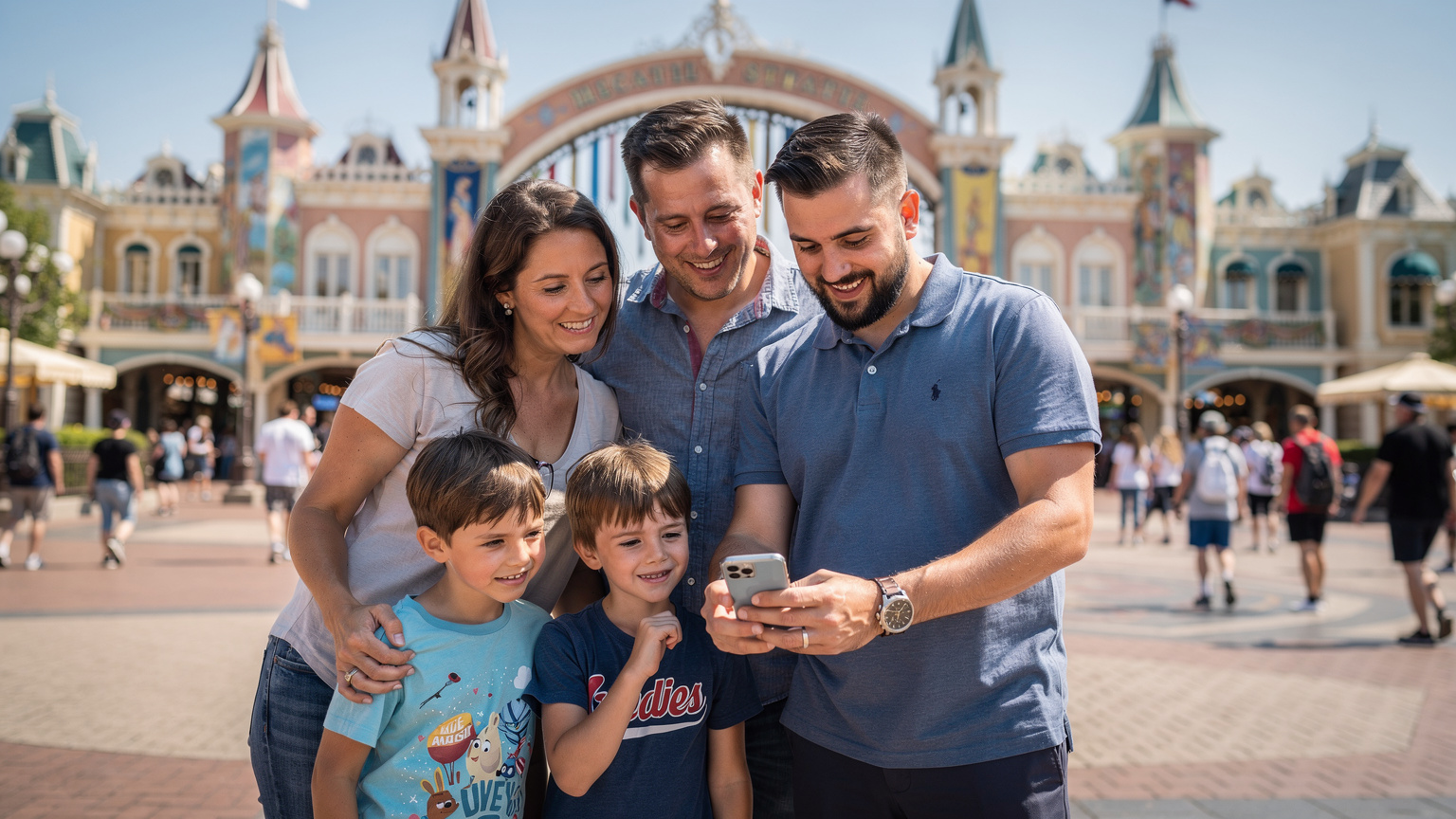 O familie zâmbitoare, cu doi copii mici, verifică o hartă digitală pe un smartphone în fața intrării aglomerate a unui parc tematic European, cu turnuri și clădiri colorate în fundal, sub un cer albastru intens.