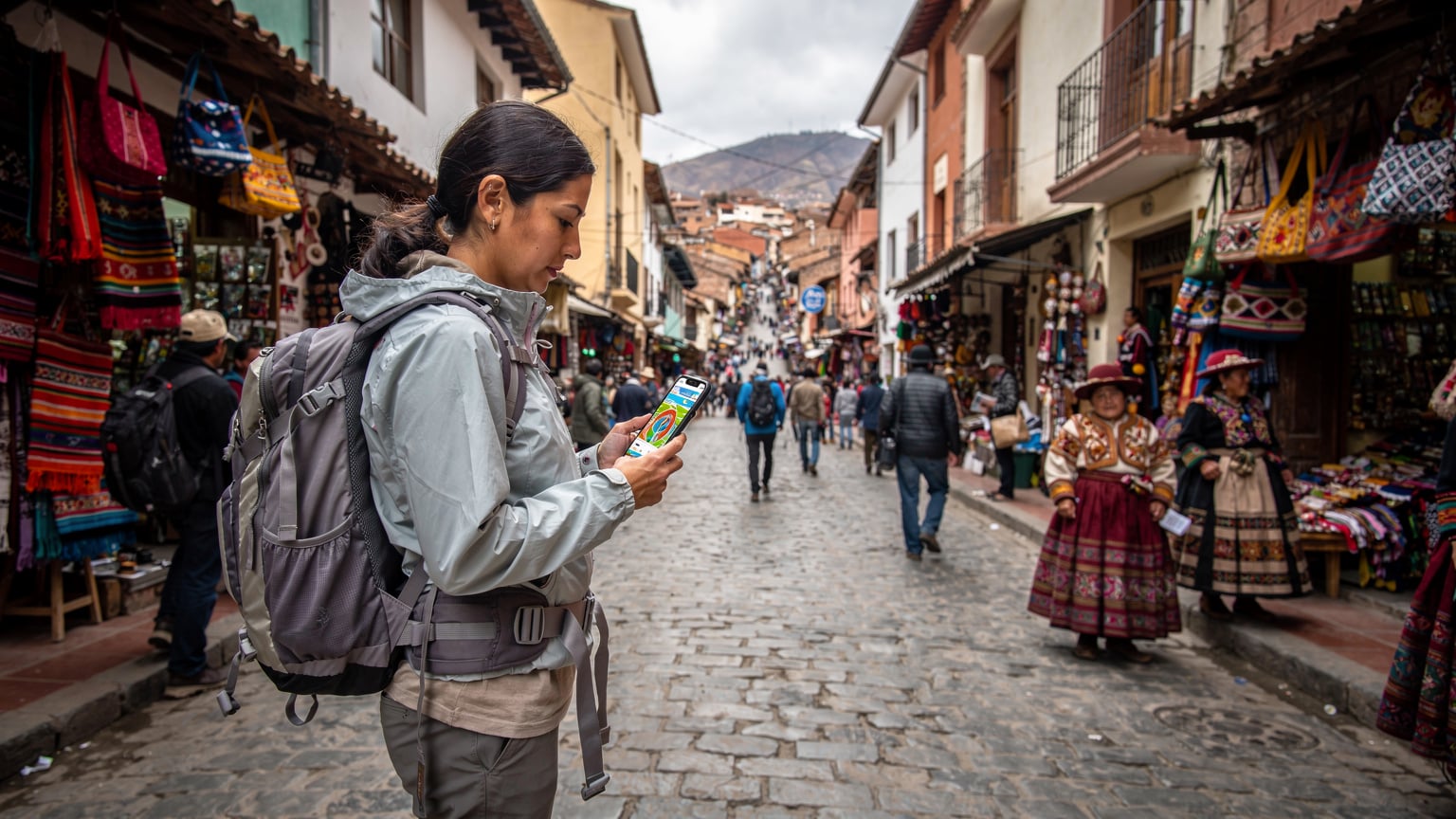A traveler with a backpack looks at their smartphone, showing a map application, while standing amidst the bustling atmosphere of Calle Sagarnaga in La Paz, Bolivia, with traditional shops and textiles in the background.