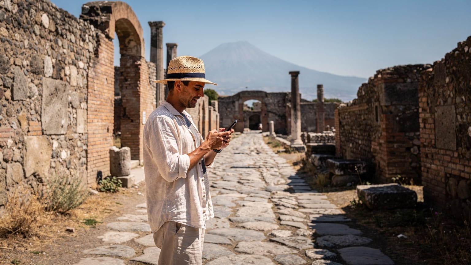 Bir seyahat blog yazarı, Napoli'deki antik Pompeii kalıntılarında, telefonunda Cellesim uygulamasını kullanarak eSIM veri kullanımını kontrol ediyor. Ekranda veri sayacı ve güncel konum bilgisi görünüyor.