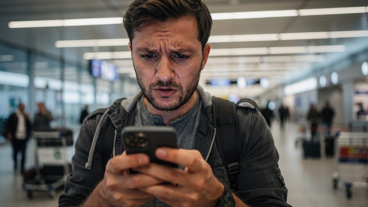 Roma Fiumicino Havalimanı'nda, pasaport kontrolünden geçen yorgun bir gezgin, telefonunu inceleyerek bağlantı sorunları yaşıyor gibi görünüyor. Endişeli bir yüz ifadesiyle ekranına bakıyor.
