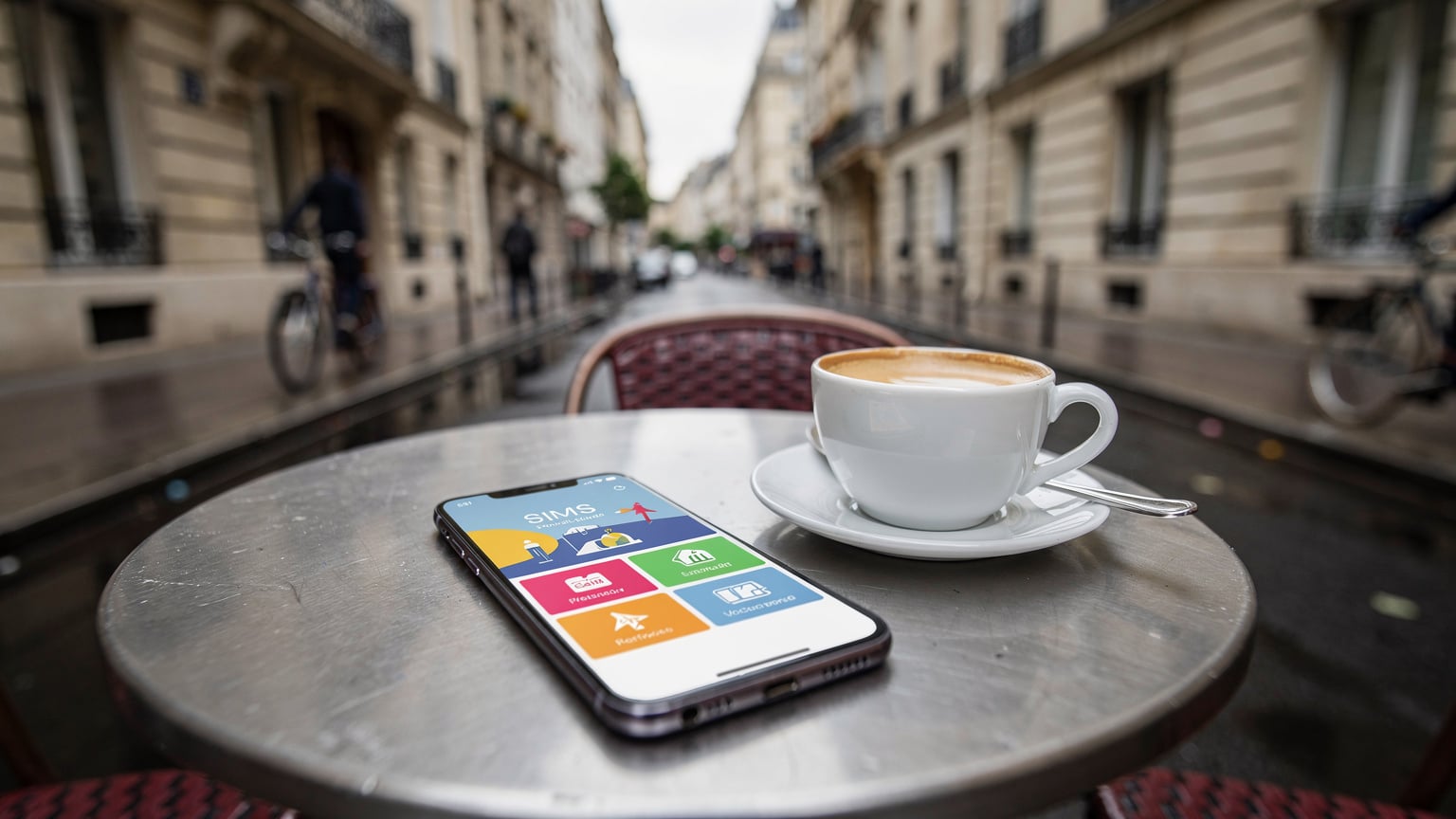 Paris'in hareketli bir caddesinde, dışarıda oturan bir kafenin masasında duran bir akıllı telefon, ekranında Cellesim uygulamasından eSIM planları gösteriliyor. Arka planda geleneksel Paris mimarisi ve gelip geçen insanlar.