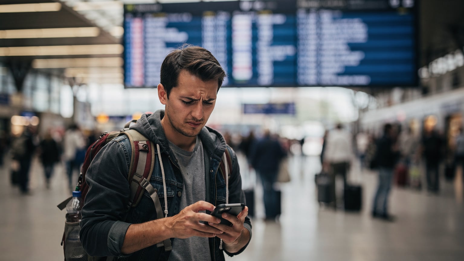 Un viaggiatore frustrato alla stazione dei treni di Roma Termini, che guarda il suo telefono con un'espressione confusa, con persone indaffarate che passano sullo sfondo.