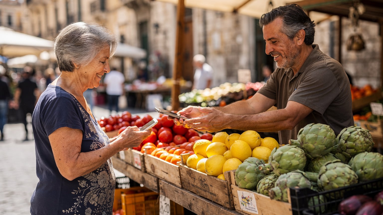 Una donna anziana in un mercato di frutta e verdura a Palermo, Italia, paga il suo acquisto con il telefono, mentre il venditore prepara il resto.