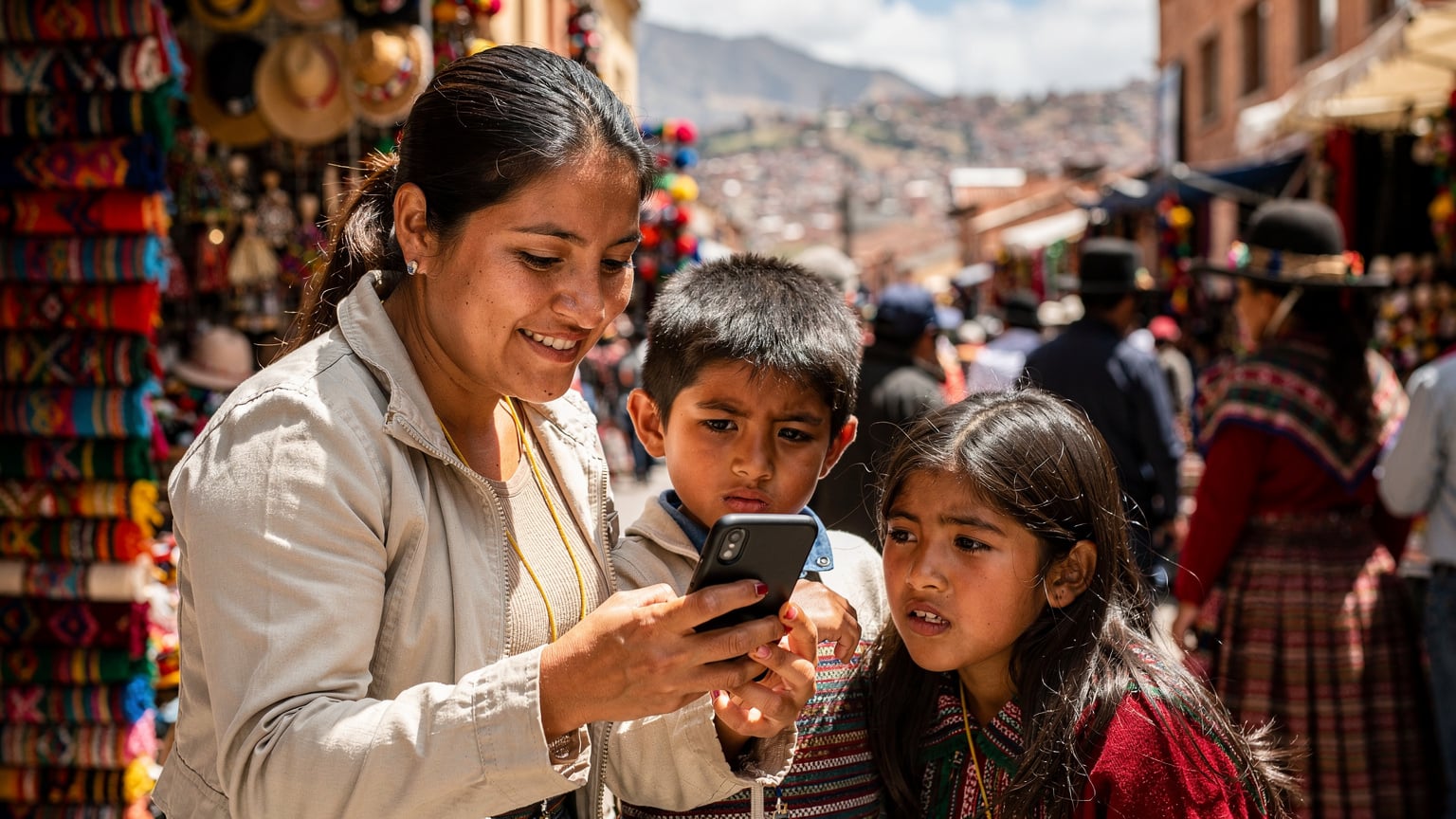 A mother pointing at her smartphone screen while her two children, aged 6 and 10, look around a vibrant street market in La Paz, Bolivia.