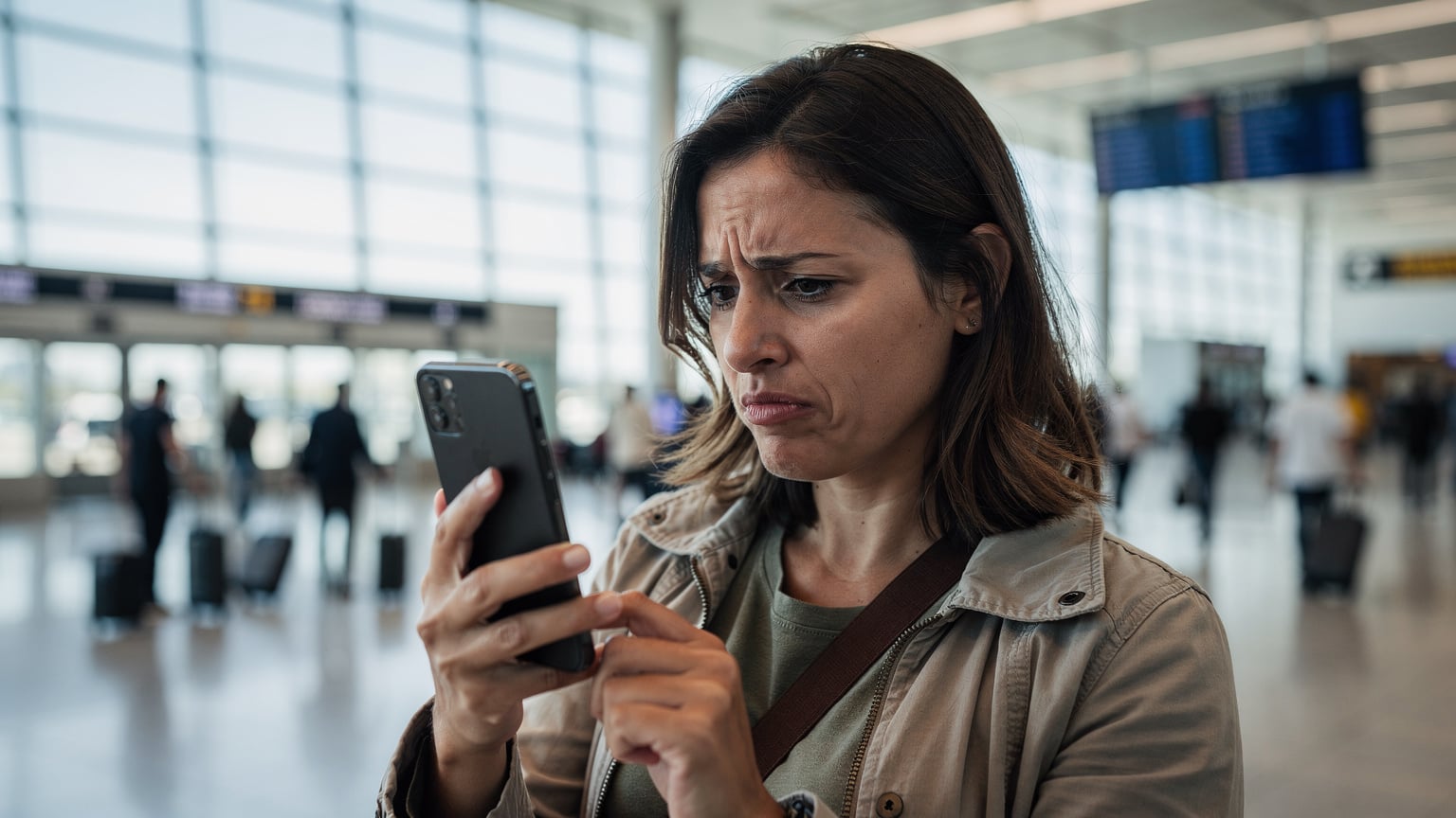 A person looking at their smartphone screen with a slight frown, standing in a busy airport terminal in Buenos Aires, Argentina, trying to connect to a network.