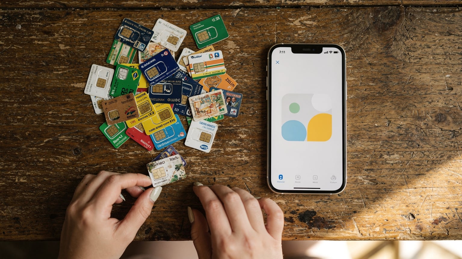 En bunke gamle, farverige, lokale SIM-kort fra forskellige lande ligger på et bord ved siden af en smartphone, der viser et eSIM-installationsskærmbillede. Den rejseglade person er ved at rydde op i sine gamle SIM-kort, inden hun rejser.